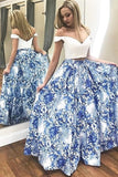 A Line Two Pieces Floral Off the Shoulder V Neck White Long Floor Length Prom Dresses PH771