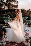 Elegant A Line V-Neck Tulle Wedding Dress with Flowers Beach Wedding Gowns W1226