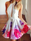 Short Halter Sleeveless Keyhole Homecoming Party Dress Printed Flowers PM118