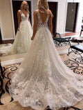 Luxurious Ivory Open Back V-Neck Lace Sequins Wedding Dress