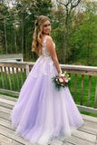 A Line Lilac Appliques V-Neck Long Prom Dresses P1370