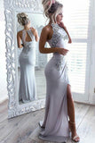 Mermaid High Neck Open Back Elastic Satin Long Grey Prom Dress with Appliques PH656