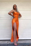 Simple Strapless Mermaid Orange Prom Dresses with High Split, Floor Length Formal Evening Dress P1259