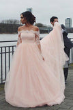Off the Shoulder Long Sleeves Pink A-line Wedding Dresses, Blush Pink Tulle Bridal Dresses W1197