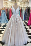 A-Line V-Neck Appliques Open Back Ivory Sleeveless Beads Evening Prom Dresses UK PH465