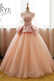 Vintage Pink Flower Long Sleeves Puffy Tulle Long Quinceanera Dress,Prom Dresses UK PH428