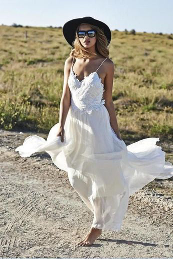 Boho Sexy Ivory Simple Backless Lace Beach V-Neck Long Wedding Dress ...