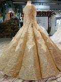 Ball Gown Gold Long Sleeves Lace Appliques Sequins Open Back Beads Quinceanera Dresses PH894