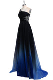 One Shoulder Blue and Black Chiffon A-Line Ombre Appliques Open Back Prom Dresses PH466