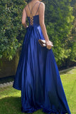 Royal Blue A Line V-Neck Satin Lace up Long Prom Dress Evening Dress P1572