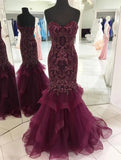 Strapless Sweetheart Long Tulle Mermaid Beads Prom Dress Maroon Formal Dress P1239