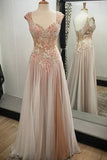 Noble A-line V-neck Tulle with Appliques Lace Sweetheart Open Back Long Prom Dresses uk PW81