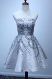 A Line Silver Strapless Mini Lace Shinny Sequin Lace up Appliques Homecoming Dresses uk PH828