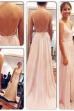 Chiffon Pink Backless Spaghetti Straps V-Neck Open Back Evening Gowns