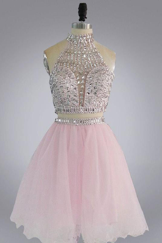 Halter High Neck Beaded Bodice Two Piece Fall Gary Tulle Open Back Homecoming Dress PM314