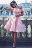 Cute A-Line Off the Shoulder Knee Length Pink Lace Homecoming Dress with Appliques PH824