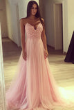 A Line Spaghetti Straps Pink Tulle V Neck Lace Appliques Sleeveless Long Prom Dresses uk PW72