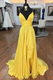 Simple Spaghetti Straps A Line Yellow Ruffles V Neck Prom Dresses, Evening Dresses P1333