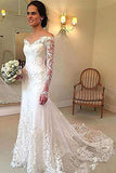 Off the Shoulder Lace Long Sleeve Mermaid V Neck Covered Button Wedding Dresses PW330