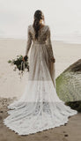 Charming A Line Long Sleeves V-Neck Lace Ivory Beach Wedding Dress Bridal Dress W1253