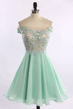 Short Chiffon Tulle Appliques Lace Beads Cute Off the Shoulder Green Homecoming Dresses PH740