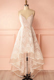 A-Line Ivory V-Neck Lace Spaghetti Straps High Low Open Back Homecoming Dresses PH517