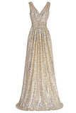 A Line Sequin V Neck V Back Sleeveless Gold Ruffles Maxi Evening Prom Dresses uk PW336