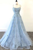 Elegant Spaghetti Straps Lace Applique Blue Bateau Tulle Backless Long Prom Dresses P1223