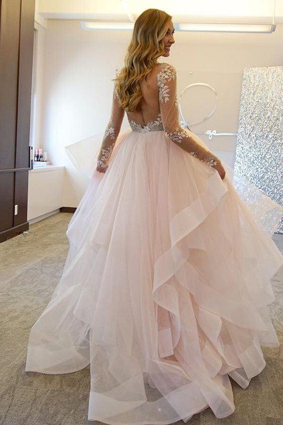 Fashion Ball Gown Lace Sheer Illusion Tulle Backless Long Sleeveless Asymmetrical Wedding Dress PM409