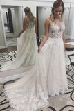 A Line Ivory Lace See Through Applique Wedding Dresses uk Scoop with Court Train PW91