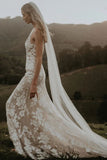 Princess Mermaid V Neck Lace Appliques Ivory Wedding Dresses, Straps V Back Wedding Gowns W1205