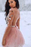 Blush Pink A Line Long Sleeve 3D Flowers Beaded Short Prom Dresses