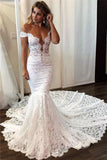 Sexy Off the Shoulder Lace Mermaid Ivory Wedding Dresses, Long Bridal Dresses W1200
