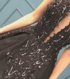 Sexy Ball Gown High Neck Black Tulle V-Neck Sequins Prom Dress P1435