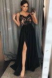 Unique A-Line Chiffon Spaghetti Straps Black Split Long Sweetheart Prom Dress with Lace PH631