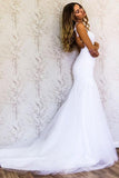 White Lace Mermaid Sweetheart Tulle Spaghetti Straps Backless Affordable Wedding Dresses PH778