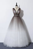 Elegant A Line Long Tulle V Neck Straps Prom Dresses, Lace up Party Dresses P1351