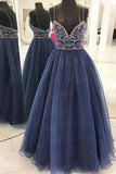 Beautiful A Line Spaghetti Straps V-Neck Blue Tulle Rhinestone Long Prom Dresses PW32