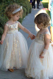 Cute Glitter A Line Gold Sequins Tulle Flower Girl Dresses, Little Girl Dresses FG1028