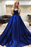 A Line Royal Blue Satin Sweetheart Strapless Prom Dresses with Pockets, Evening Dress P1425