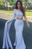 Sexy Mermaid One Shoulder Grey Slit Satin Long Zipper Prom Dresses uk PW63