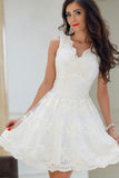 A-Line V-Neck White Tulle Short Prom Dresses, Cute Lace Appliques Homecoming Dress PH719.