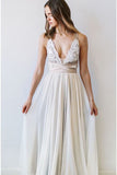 Elegant Fashion A Line V Neck Open Back Chiffon Ivory Lace Long Wedding Dresses uk PH954
