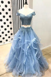 Blue Off the Shoulder Two Pieces Tulle Prom Dresses with Lace Appliques, V Neck Beads Dance Dress P1407
