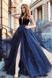 Gorgeous A Line Open Back Sleeveless With Split Side Dark Blue V Neck Prom Dresses uk PW74