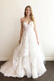 A-line 3D Lace Appliques V-Neck Strapless Wedding Dress Chapel Train Wedding Gowns PW924