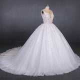 Princess Ball Gown Sheer Neck White Wedding Dress Lace Appliqued Bridal Dress W1146
