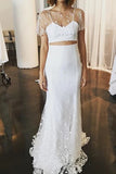 Elegant Two Pieces Lace Mermaid Short Sleeves Tulle Wedding Dresses W1245