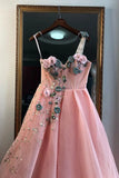Unique A Line One Shoulder 3D Appliques Pink Tulle Long Beads Prom Dress P1461