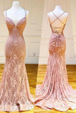 Mermaid Spaghetti Straps Pink Lace V Neck Beads Prom Dresses with Appliques P1459